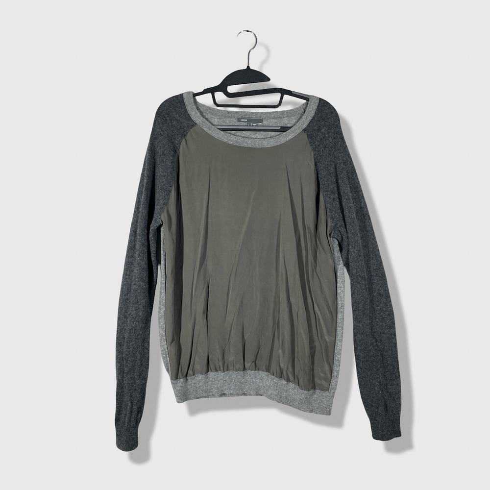 Vince Silk Front Wool Cashmere Sweater Womens L Gray Minimalist Quiet Luxury